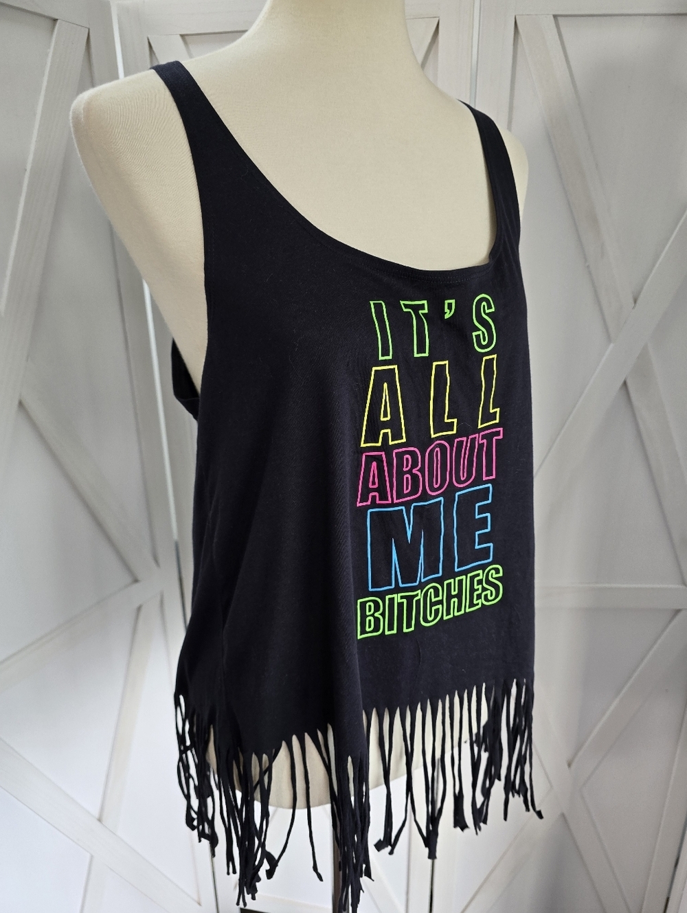 Spencer's Black Fringe Tank Top with Neon Yellow Pink Blue Text (NWT) - Picture 2 of 7